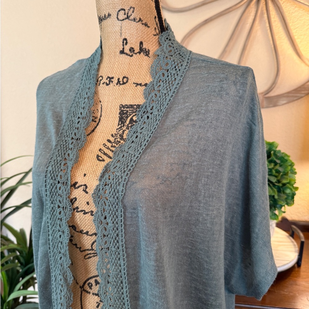 New Pink Republic Sage Green Open-Front Cardigan with Crotched Trim - Picture 2 of 13